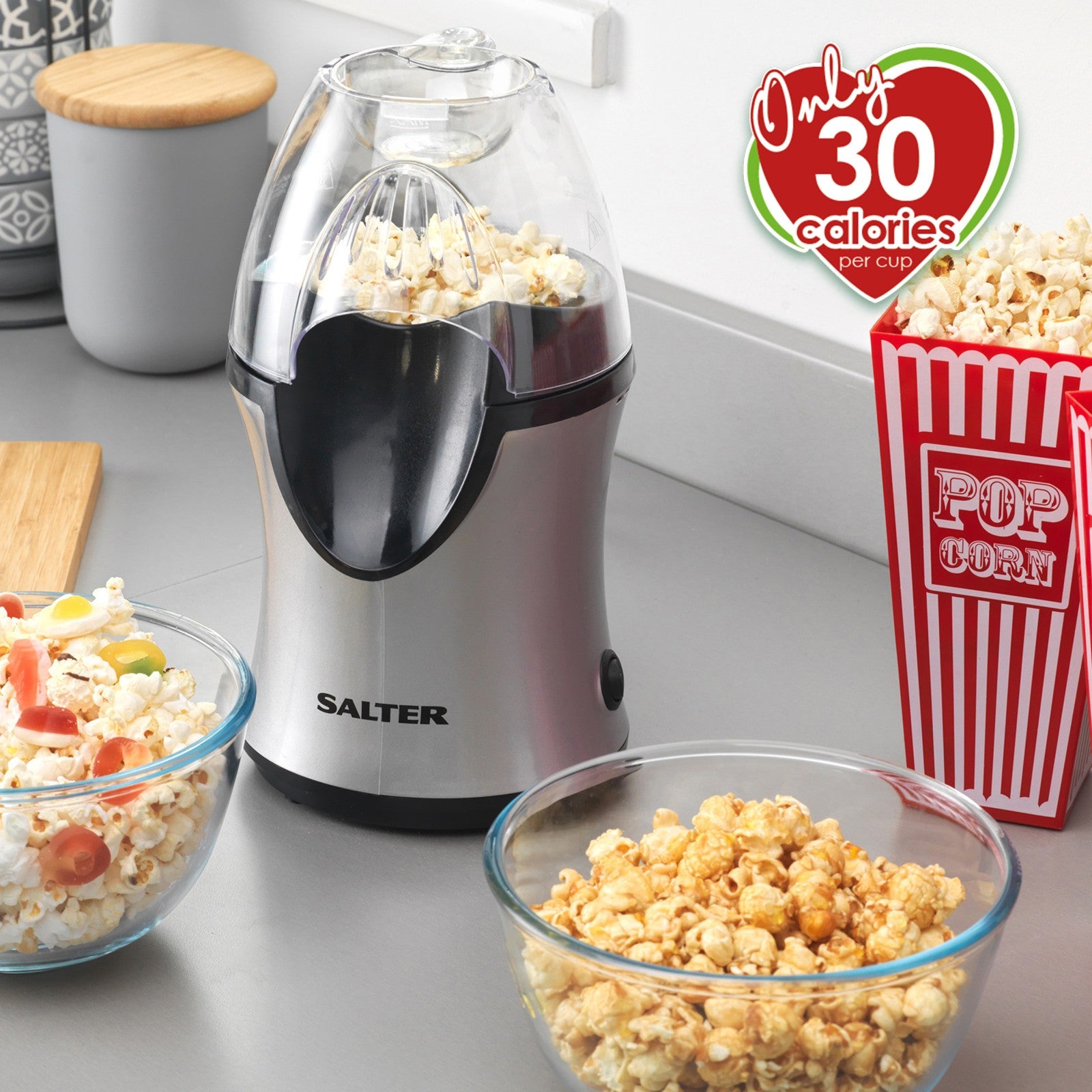 Healthy Hot Air Popcorn Maker - Salter® 1200W Electric Popper in Grey/Black